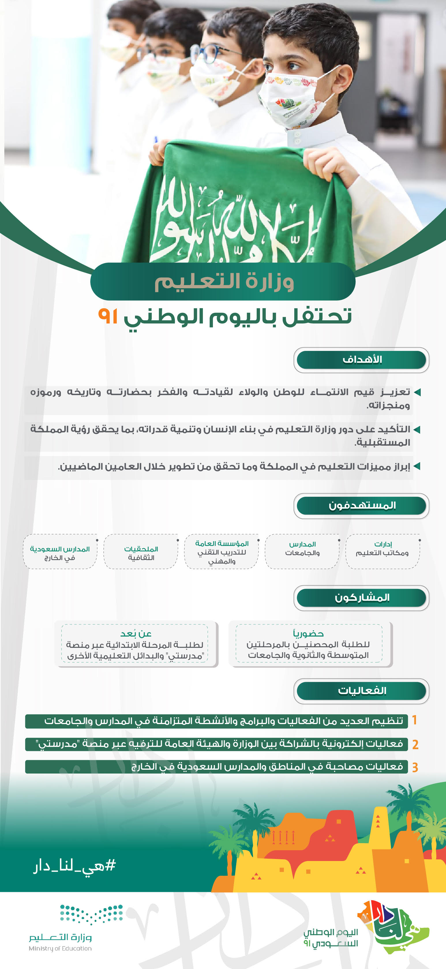 فعاليات وزارة التعليم من خلال الوزارة وإدارات ومكاتب التعليم والمدارس والجامعات والمؤسسة العامة للتدريب التقني والمهني