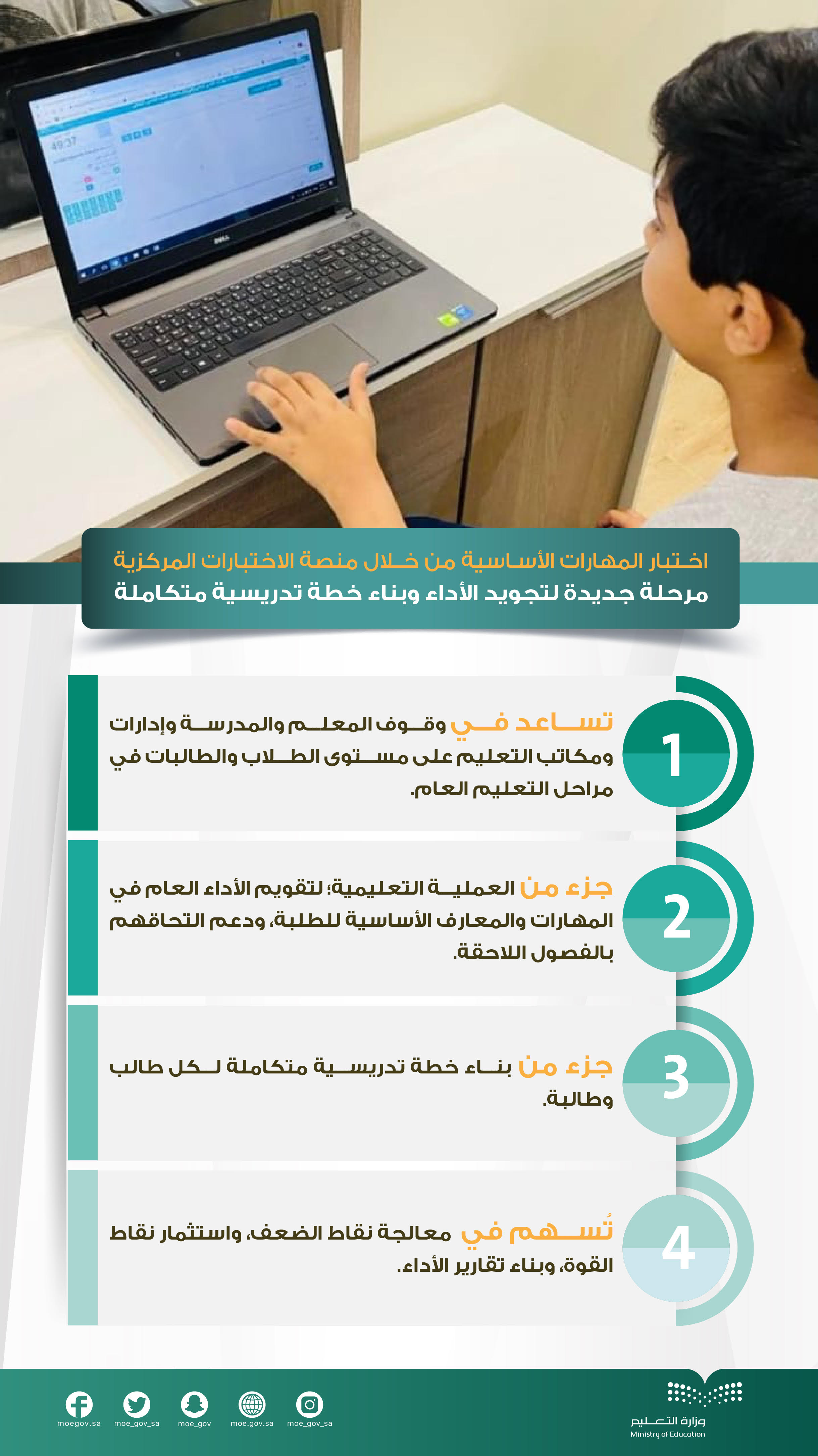 أدى ما يزيد على  766 ألف طالب وطالبة من الصفين الرابع  والخامس الابتدائيين أمس الإثنين اختبارات تعزيز المهارات عن بُعد في منصة ا